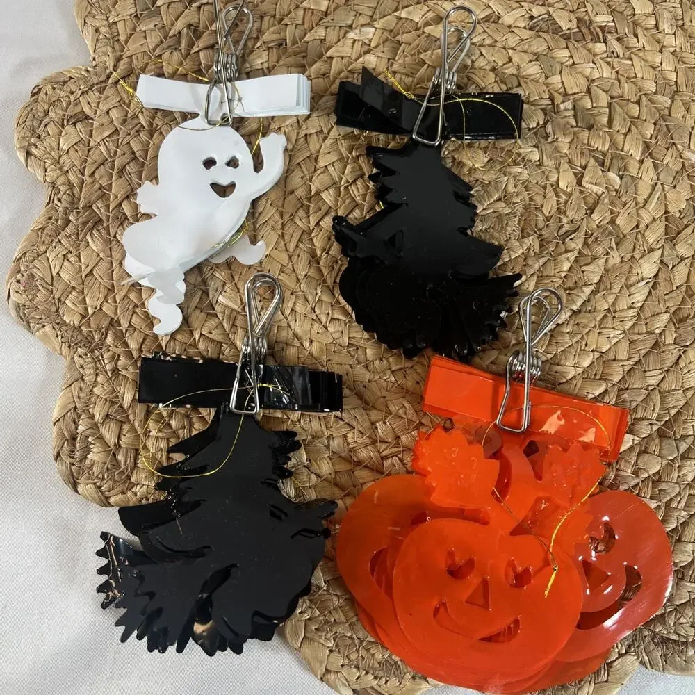 Vintage 90s Halloween Pumpkin Witch Ghost Pull-Out Chain Plastic Vinyl Garland